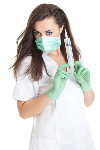 Doctora mujer con jeringa médica. joven doctora con siri — Foto de Stock