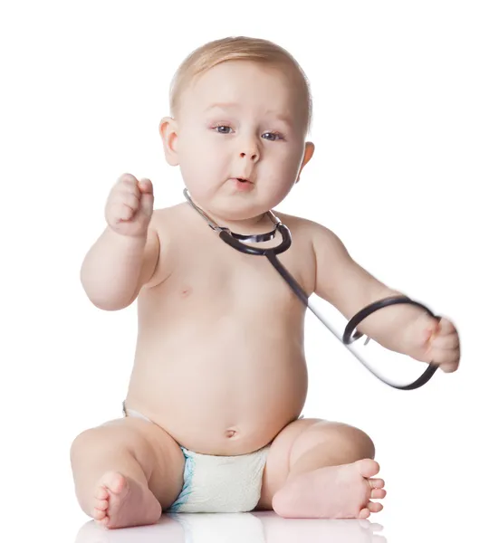 Sweet baby with stethoscope on a white background. Adorable baby — Zdjęcie stockowe