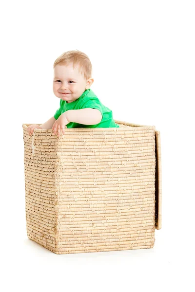 Little boy inside a box on a white background Stock Picture