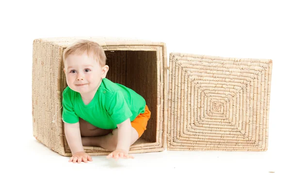 Little boy inside a box on a white background Royalty Free Stock Images