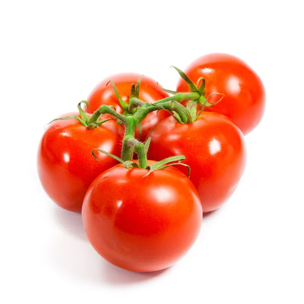 Primo piano di pomodori sulla vite isolato su bianco. Succo di pomodoro — Foto Stock