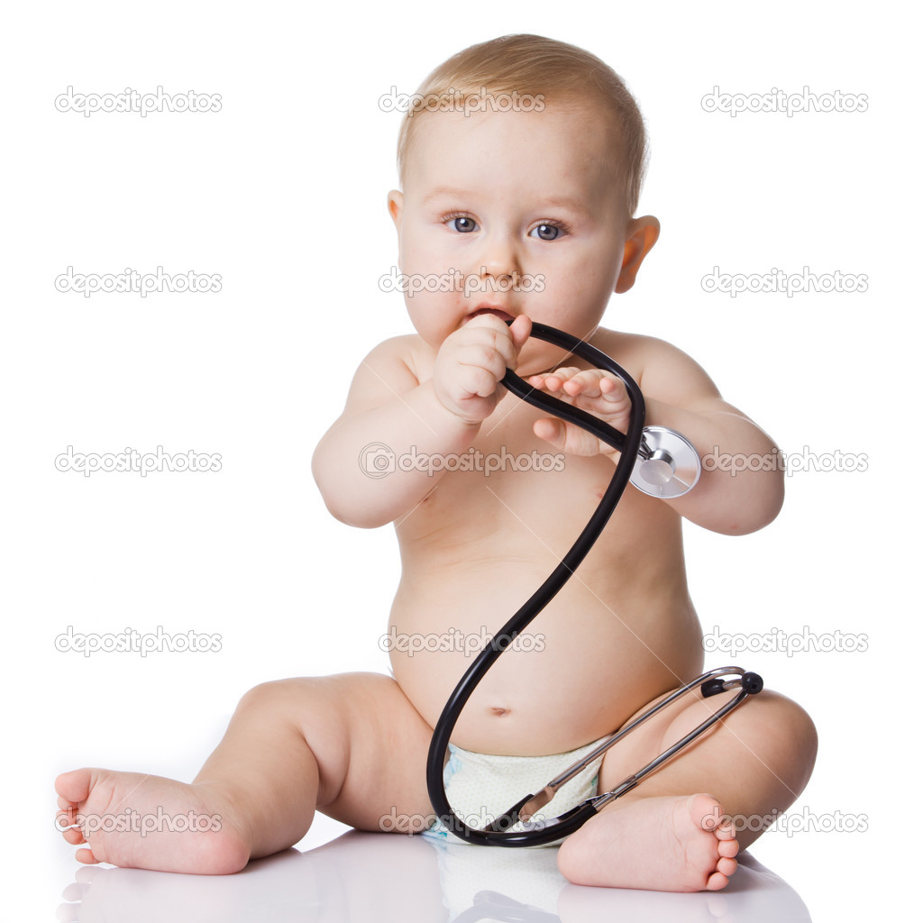 Adorable Baby Boy with stethoscope on white background
