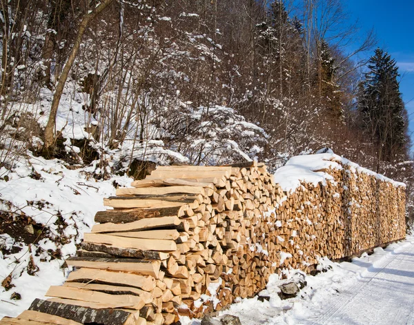 Pile de bois de chauffage. bois de chauffage enneigé en forêt hivernale — Photo