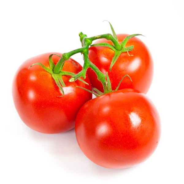 Primo piano di pomodori sulla vite isolato su bianco. Succo di pomodoro — Foto Stock