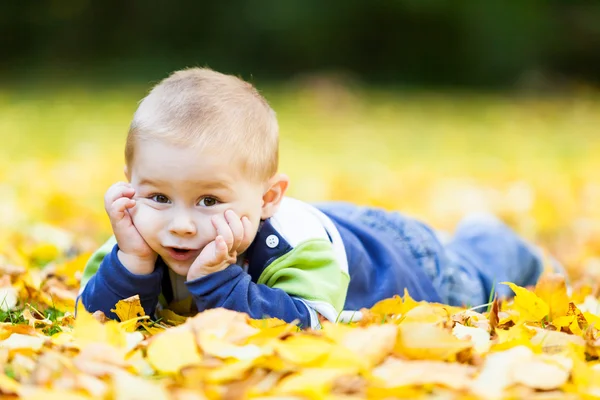 Malý chlapec leží na žlutém listí v podzimním parku — Stock fotografie