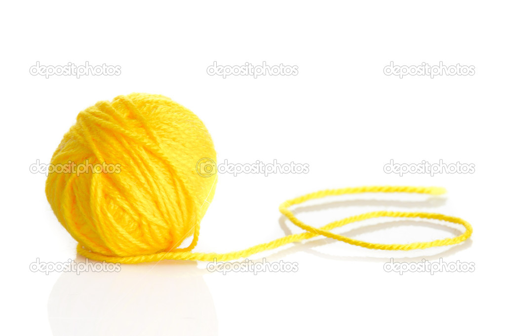 Yellow wool yarn ball isolated on white background