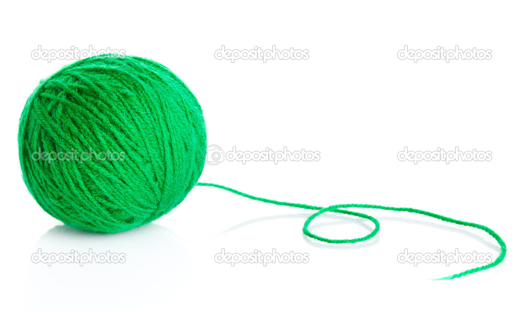Green wool yarn ball isolated on white
