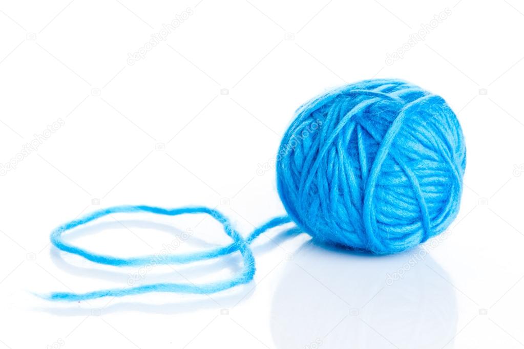 Blue wool yarn ball isolated on white