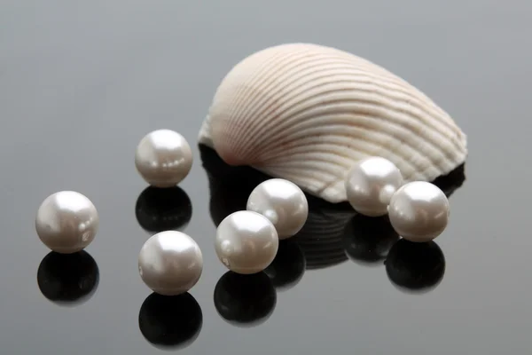 Seashell with pearls on black background — Stock Photo, Image