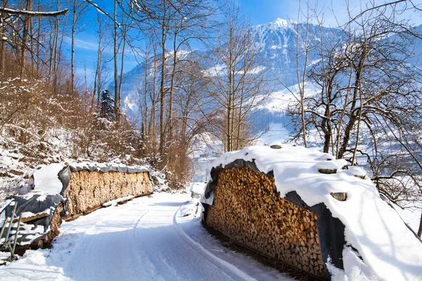 Legna da ardere accatastata in inverno. Pila di legno con neve accatastata per il fuoco — Foto Stock