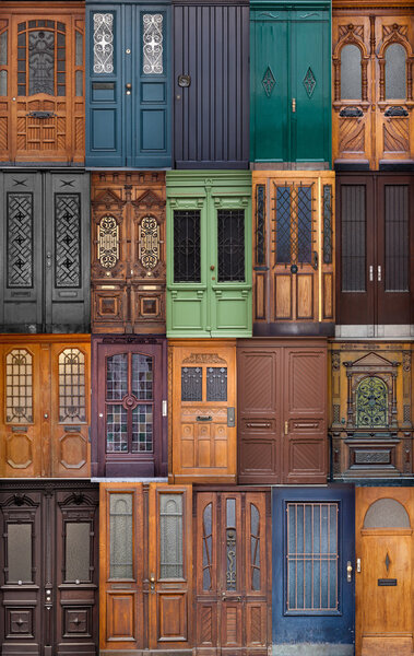 20 different European front entrance doors.  set of colorful woo