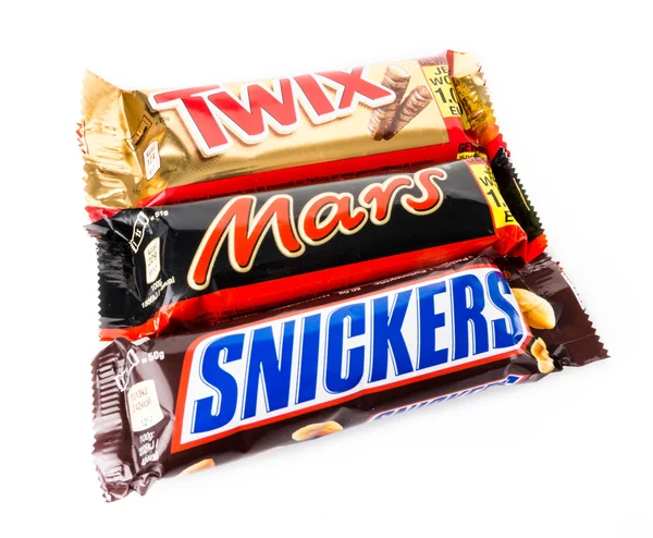 Snickers, Mars und Twix-Schokoriegel — Stockfoto