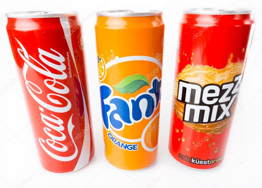 Coca-Cola, Fanta and Mezzo Mix cans on white background. – Stock Editorial ©