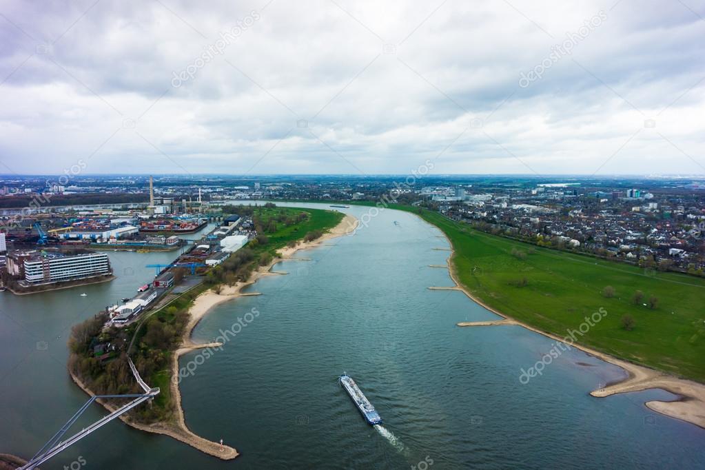 Wide angle picture of river Rhine, Duesseldorf. Seen from the te