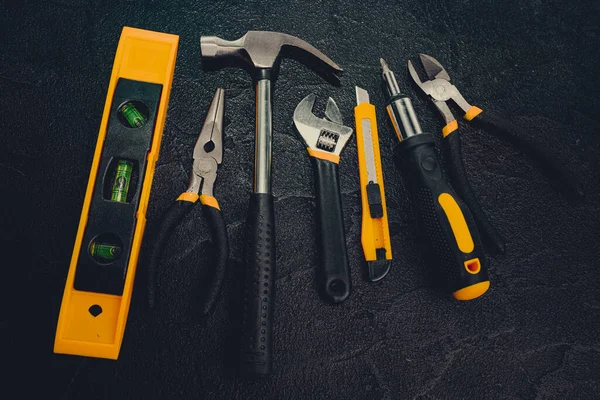 Basic Home Repair Tools Black Background — Stock Photo, Image