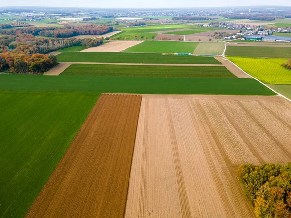 Letecký Pohled Pastviny Ornou Půdu Panorama Nad Zdravými Zelenými Plodinami — Stock fotografie