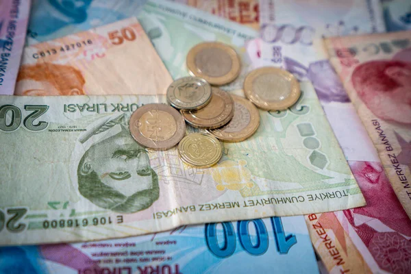 Various Turkish Lira Banknotes Coins Turkish Money — Foto Stock