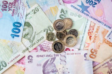 Various Turkish Lira Banknotes And Coins.  Turkish Money