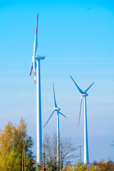Windmills Wind Turbines Farm Power Generators Production Renewable Green Energy — Foto Stock