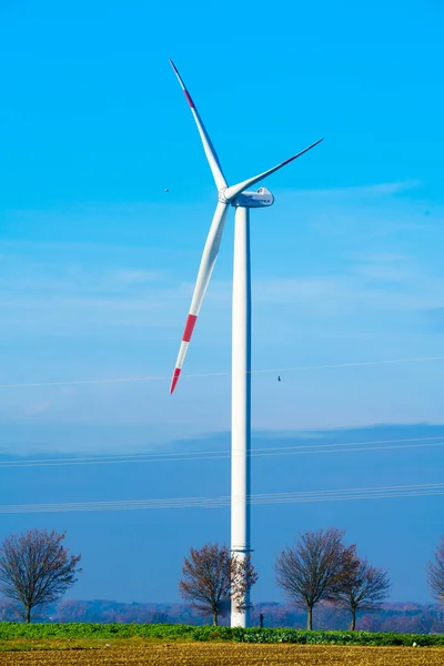 Windmills Wind Turbines Farm Power Generators Production Renewable Green Energy — Foto Stock