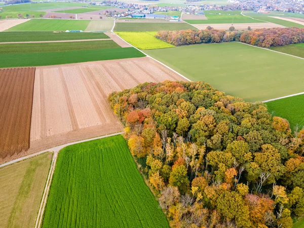 Letecký Pohled Pastviny Ornou Půdu Panorama Nad Zdravými Zelenými Plodinami — Stock fotografie