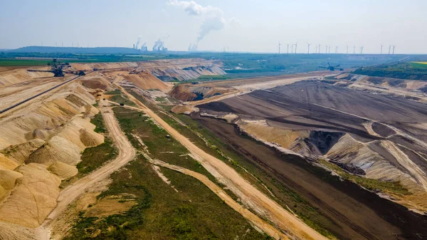 Panorama of Garzweiler surface mine in Germany with heavy machinery and power plant in the distance