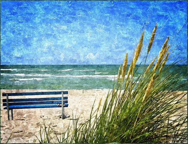 Praia deserta de paisagens marinhas e o solitário banco azul — Fotografia de Stock