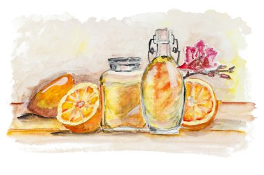 Oranges and glass of juice still life isolated clipart