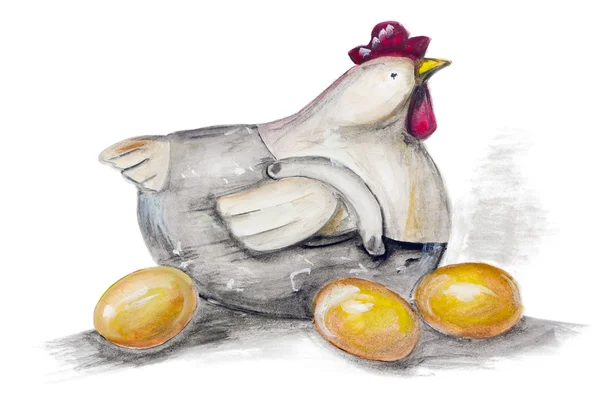 Osterhuhn sitzt auf goldenen Eiern — Stockfoto