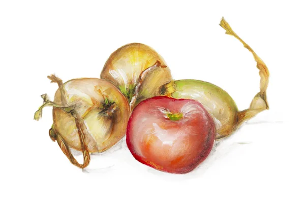 Roter Apfel und gelbe Zwiebel isoliert — Stockfoto