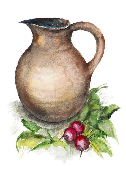 Spring radish and a big jug — Stock Photo, Image