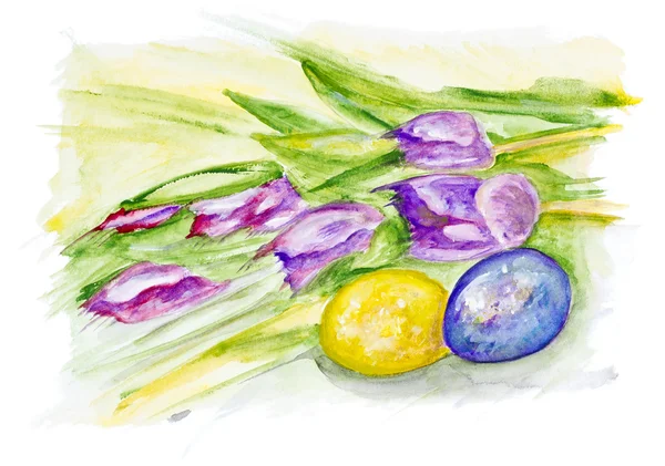 Easter eggs and spring tulips — Stock Photo, Image