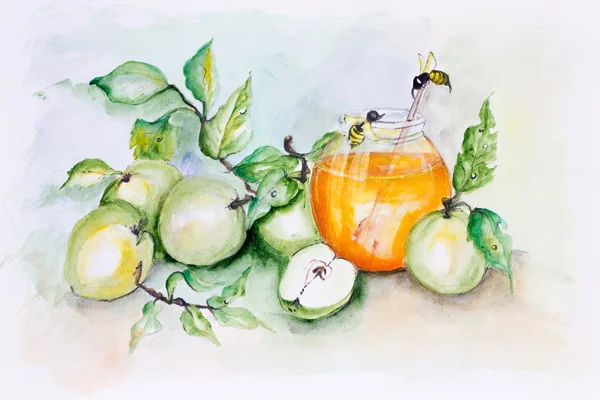 Honungsbin och äpplen — Stockfoto