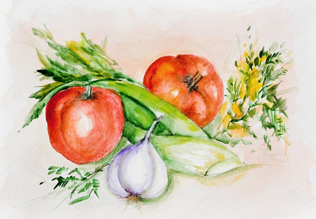 Watercolor tomatoes and spicy greens