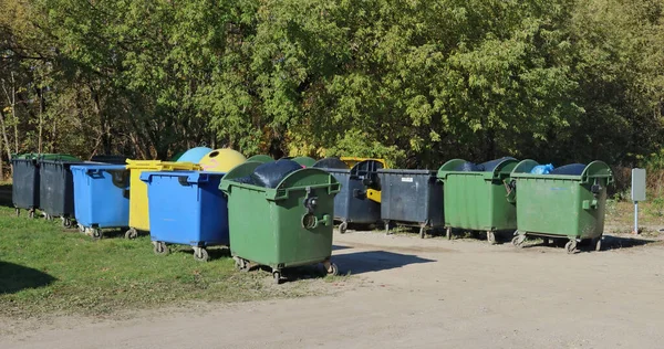 Grote Standaard Geïsoleerde Plastic Vuilnisbakken Bevinden Zich Buurt Van Bos — Stockfoto