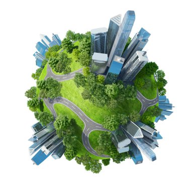 kavramsal mini gezegen yeşil parkları yanı sıra gökdelenler ve yollar