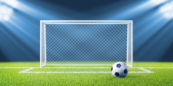 Football (soccer) goals and ball on clean empty green field — Stock Photo, Image