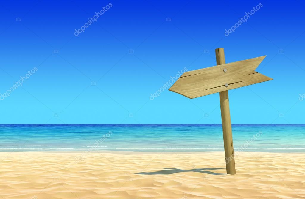 Empty wooden signpost on idyllic tropical sand beach to place your logo, product or text. Clean, extremely detailed 3d render. Concept for rest, holidays, resort, sp