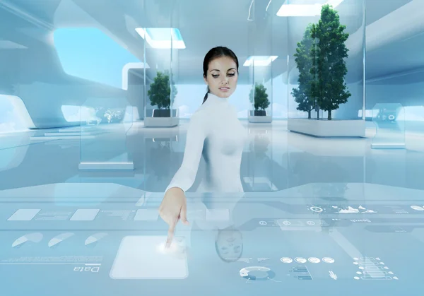 Future technology. Girl press button touchscreen interface. — Stock Photo, Image