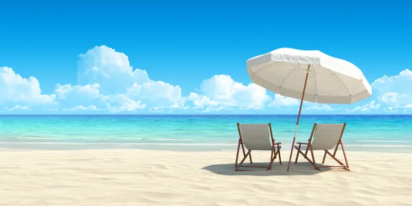 Chaise lounge and umbrella on sand beach.