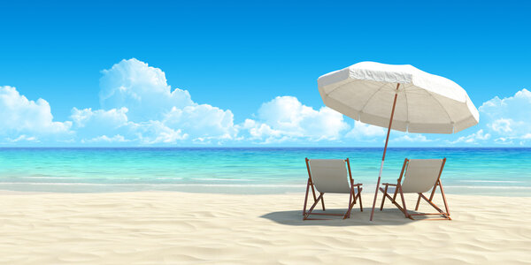 Chaise lounge and umbrella on sand beach. Stock Image