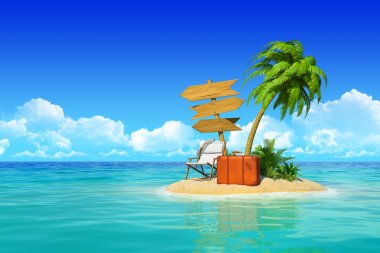şezlong, bavul, ahşap tabela, p ile tropikal bir ada