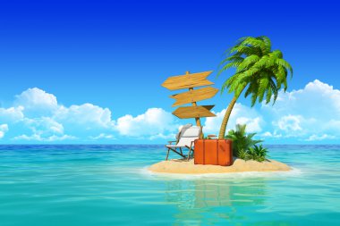 Tropical island with chaise lounge, suitcase, wooden signpost, p clipart
