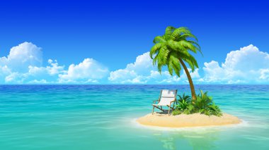 tropik adada Chaise lounge ve palmiye ağacı.