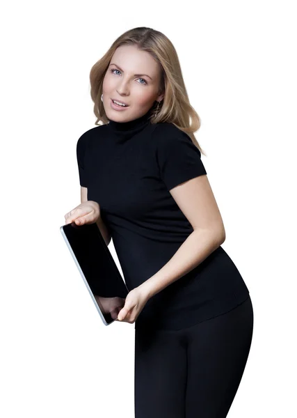 Sexy blondýnka držení počítače tablet pc. — Stock fotografie