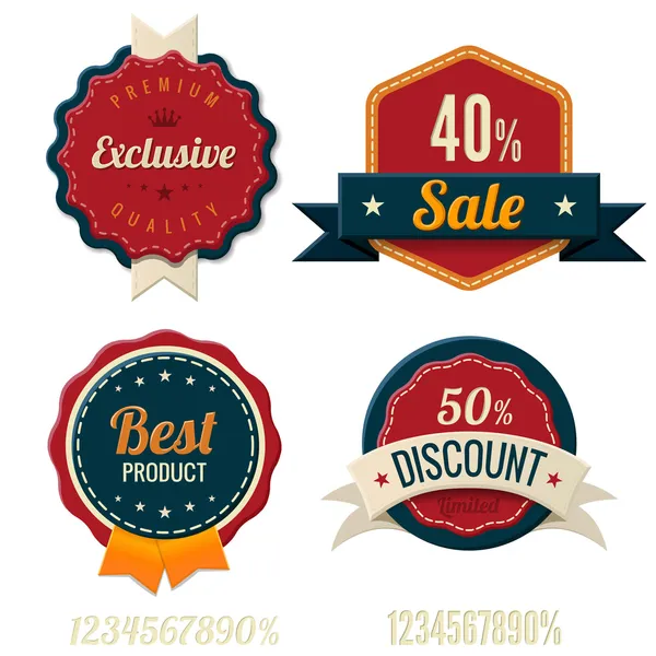 Vintage Labels template set. Sale, discount theme. Retro logo template design. Extra High quality. 3D Vector. Beveled Numbers included! — Stock Vector