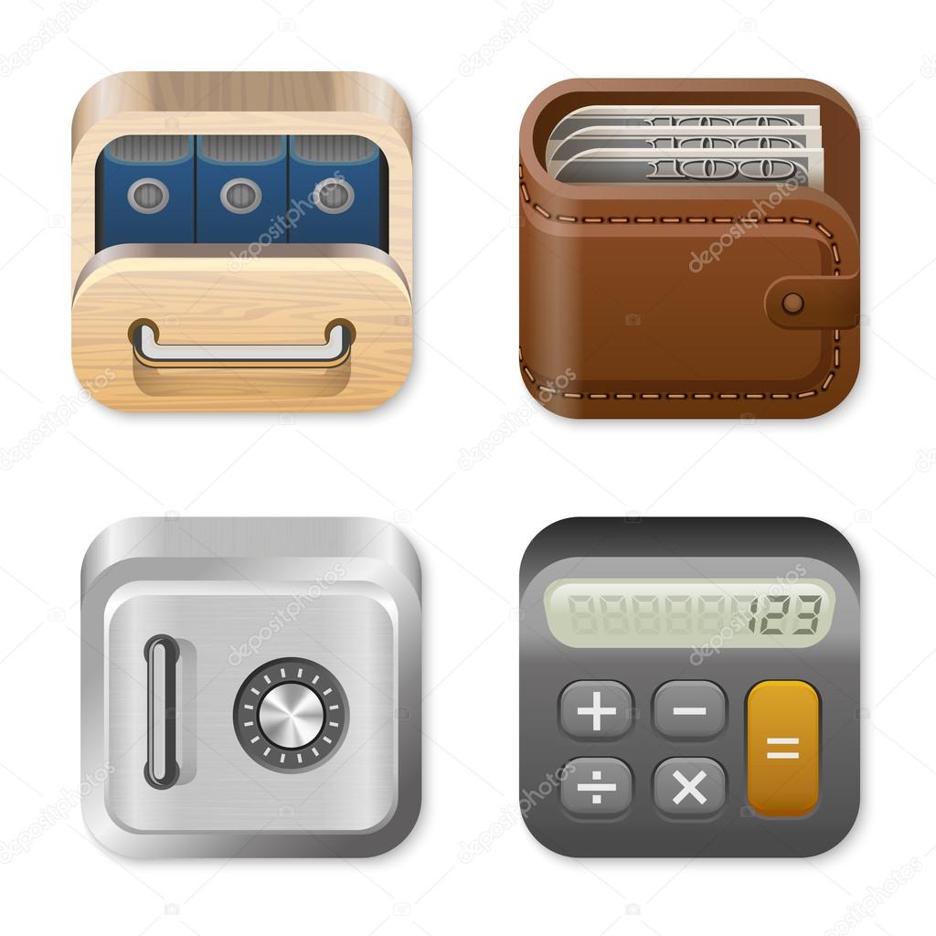 Icons for user interface design templates. Application logo template for Finance and Business apps. Drawer, Wallet, Vault, Calculator. UI Square icons set. High detail vector icon pack. Editable.