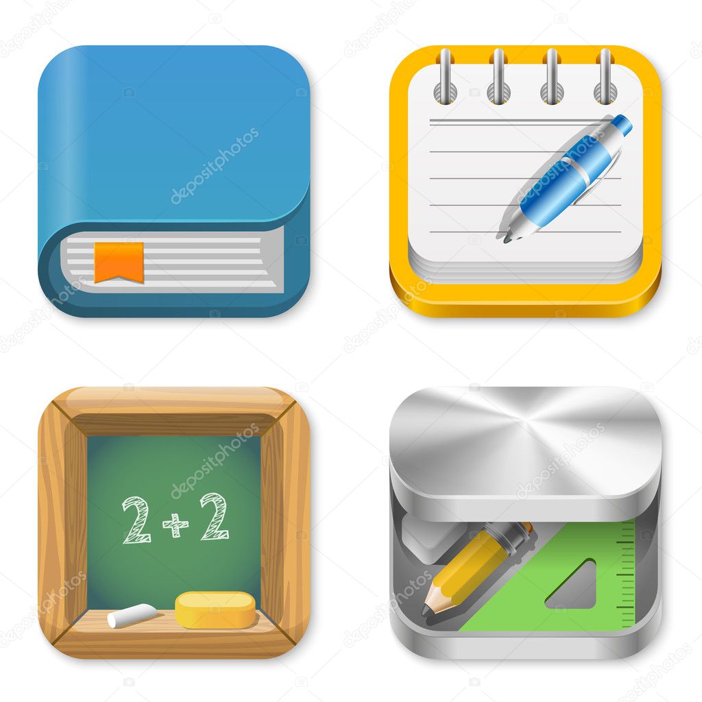 Icons pack for Education applications. Book, Notepad, Blackboard, Pencil box. UI Square icons set. User interace concepts & templates. High detail vector icon pack. Editable.