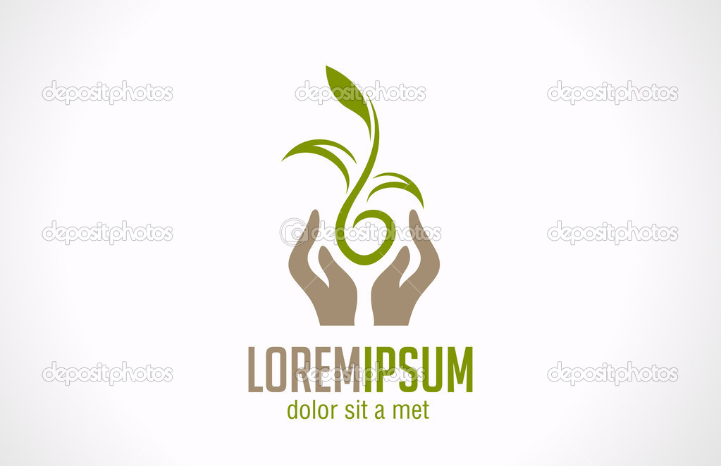 Hands holding plant abstract logo template. Green concept. Safe idea. Green sprout - can be any type of plant Vector icon. Editable.