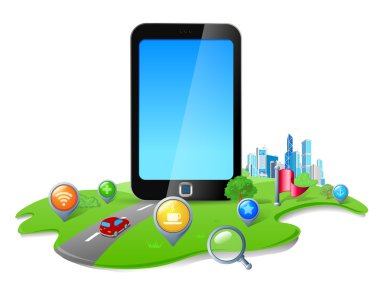Dokunmatik ekranlı telefon GPS navigasyon konsepti. Soyut 3D iniş haritası. Vektör.